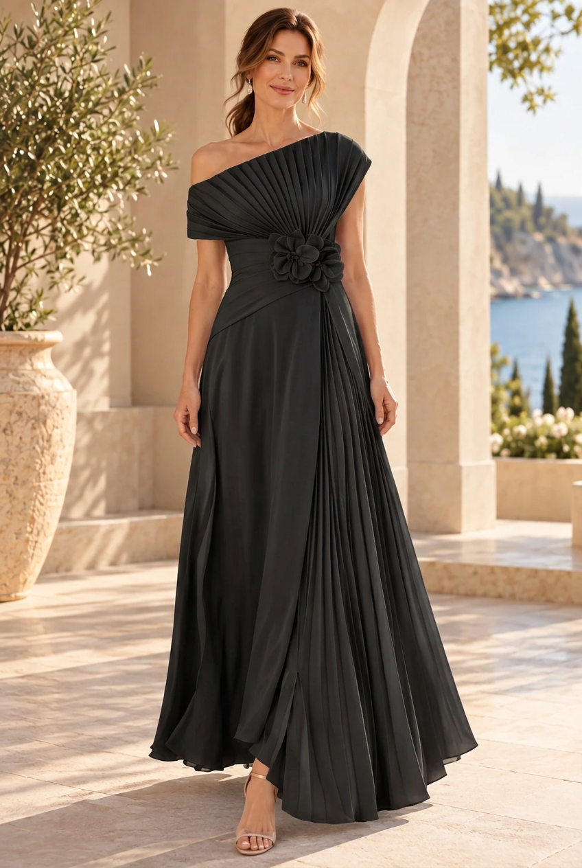 One-Shoulder Pleated Maxi Gown with 3D Flower