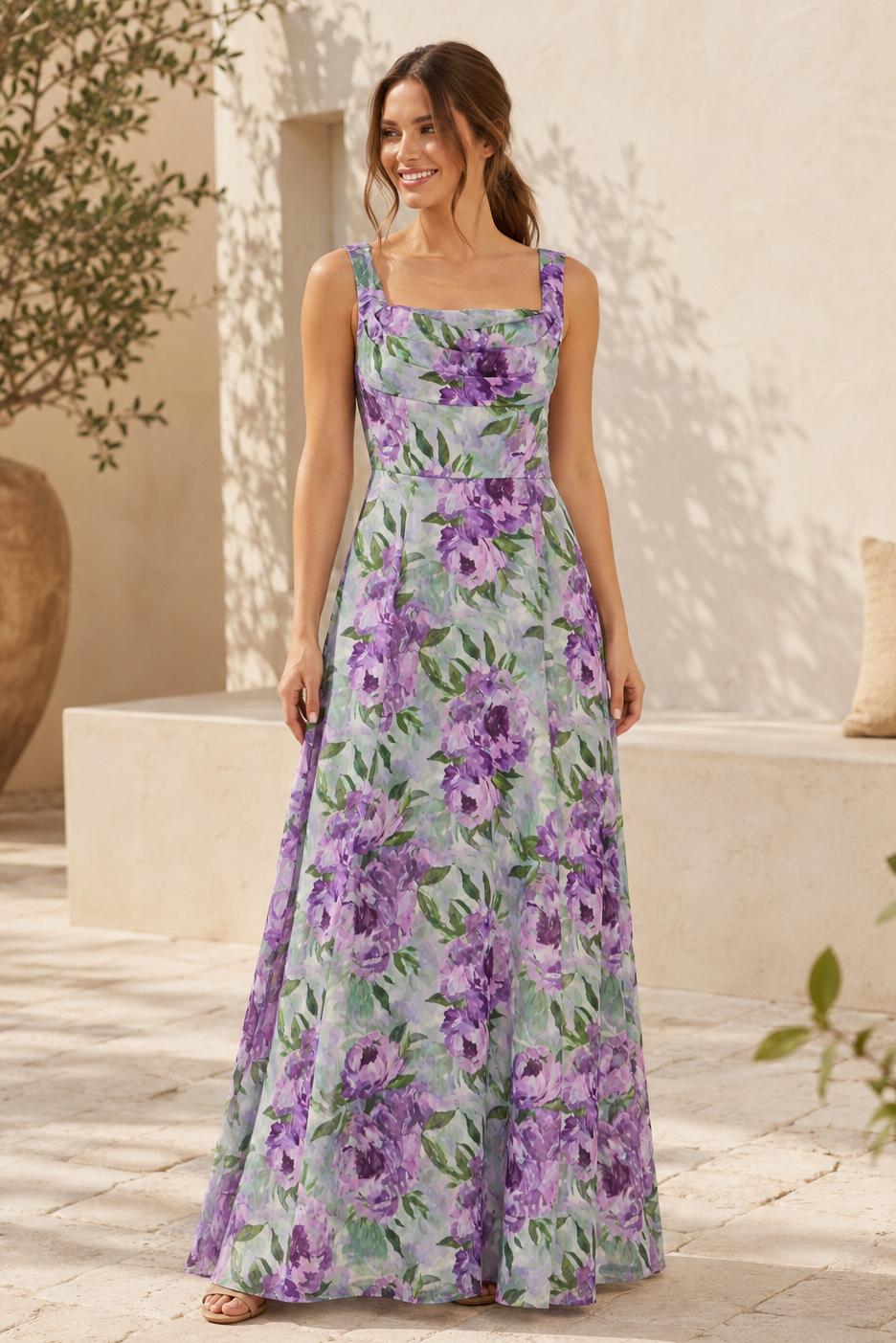 Geblümtes Maxikleid mit eckigem Ausschnitt und A-Linie