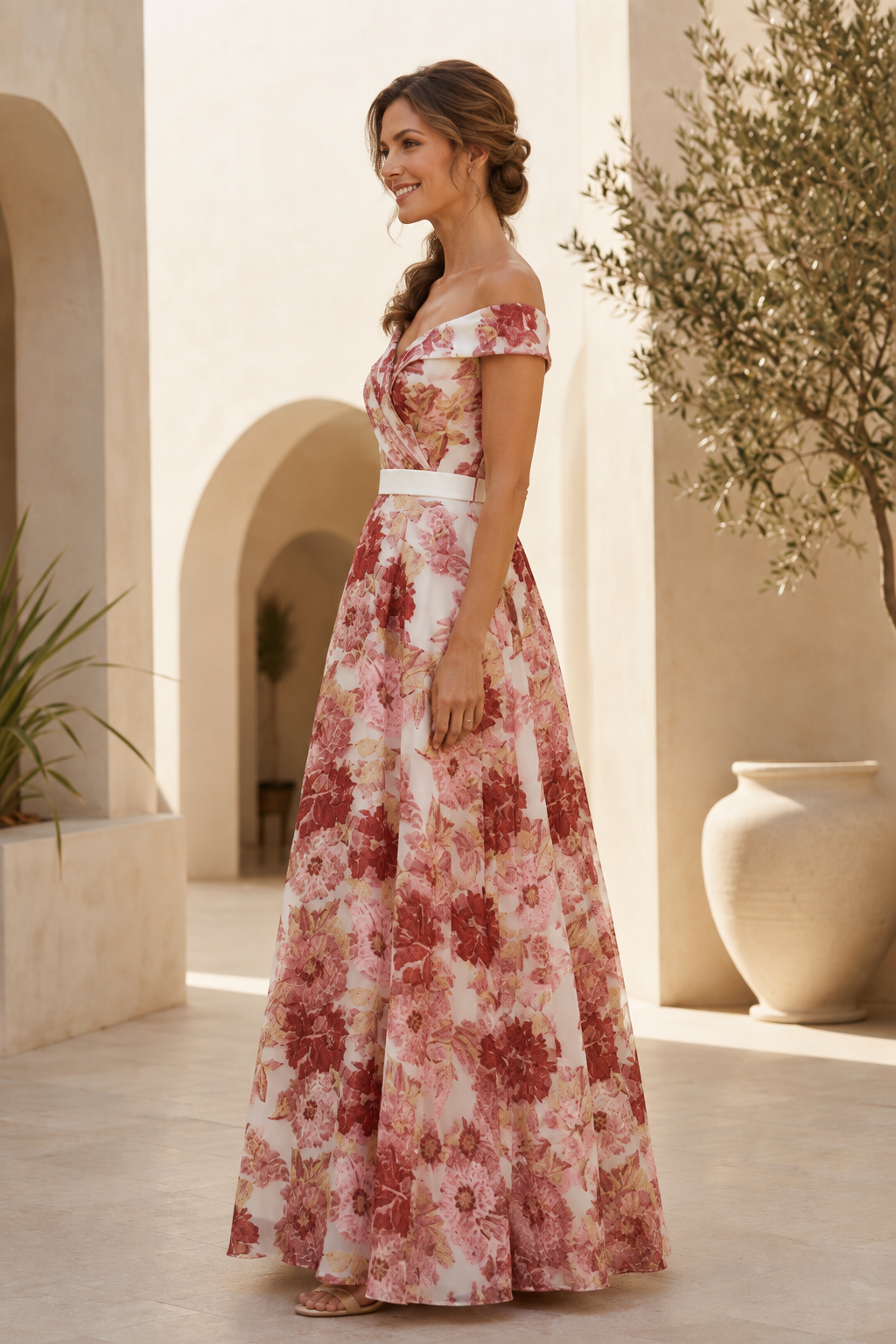 Geblümtes Off-Shoulder A-Linien Abendkleid
