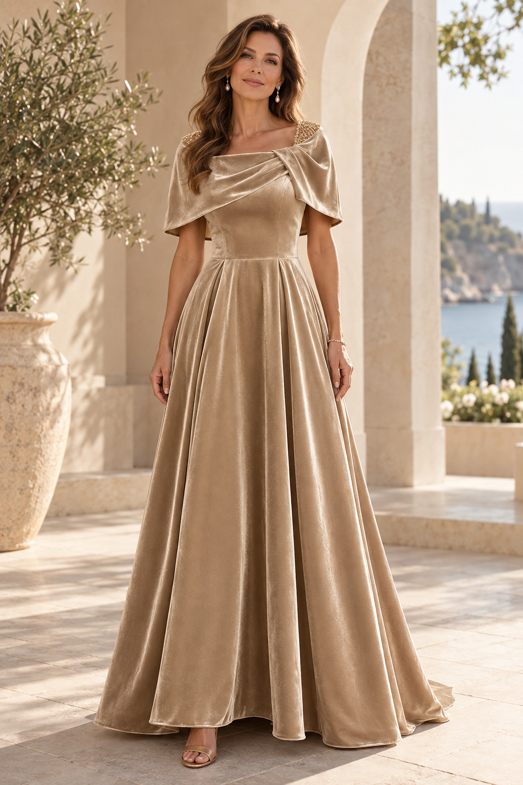 Velvet Cape Collar A-Line Gown with Beading
