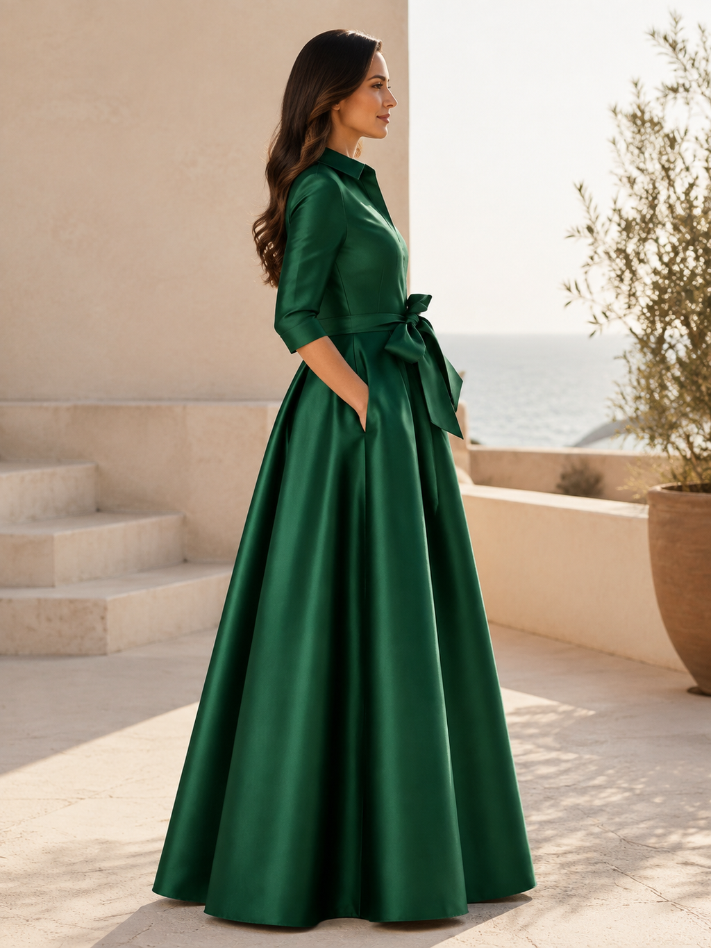 Satinhemdkleid Smaragd mit Bindegürtel