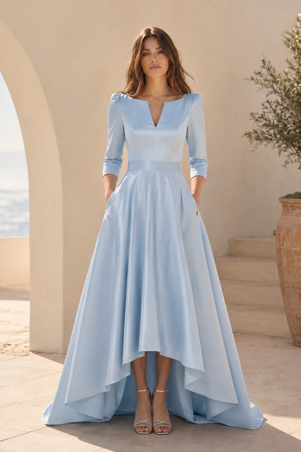 High-Low Satin A-Linien-Kleid mit 3/4 Ärmeln