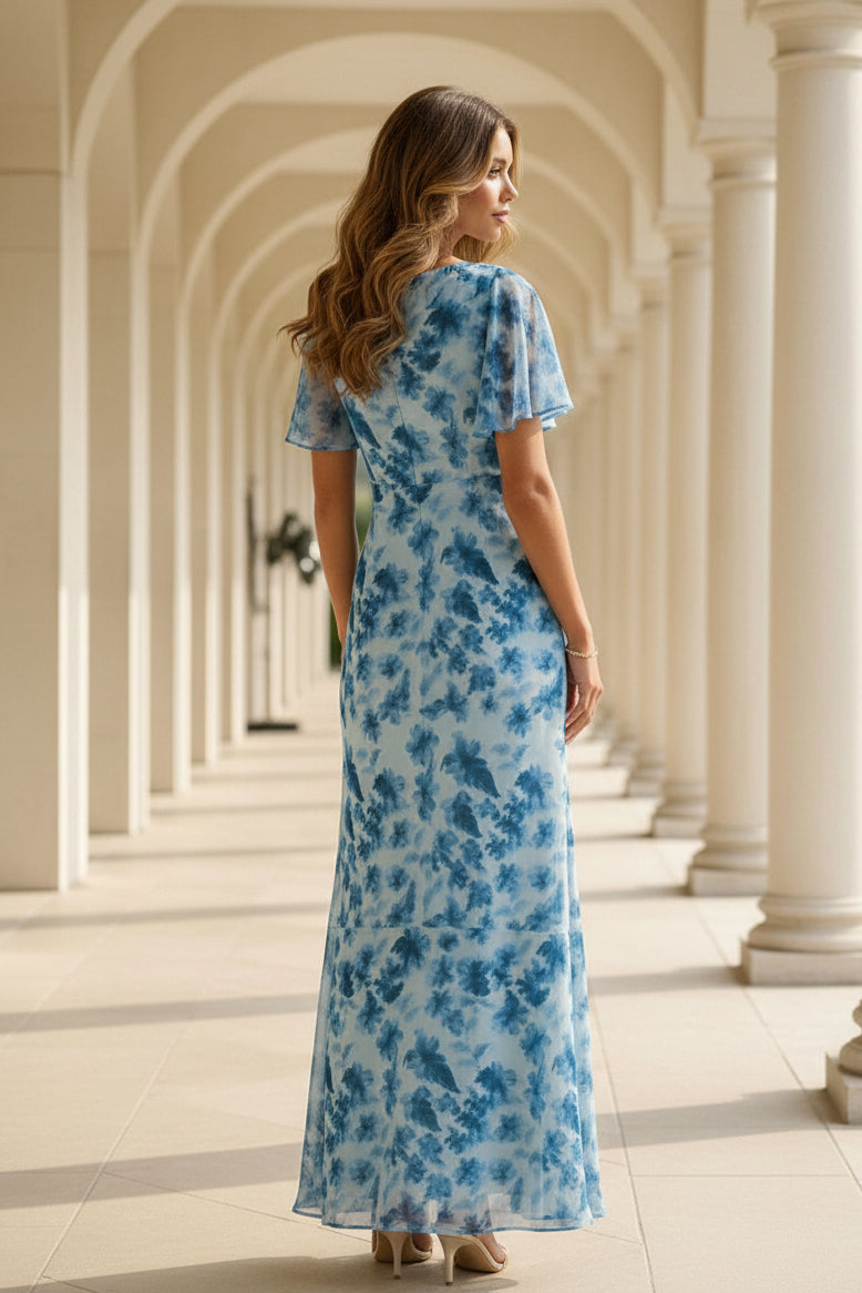 Maxikleid aus Chiffon mit Blumenmuster und flatternden Ärmeln