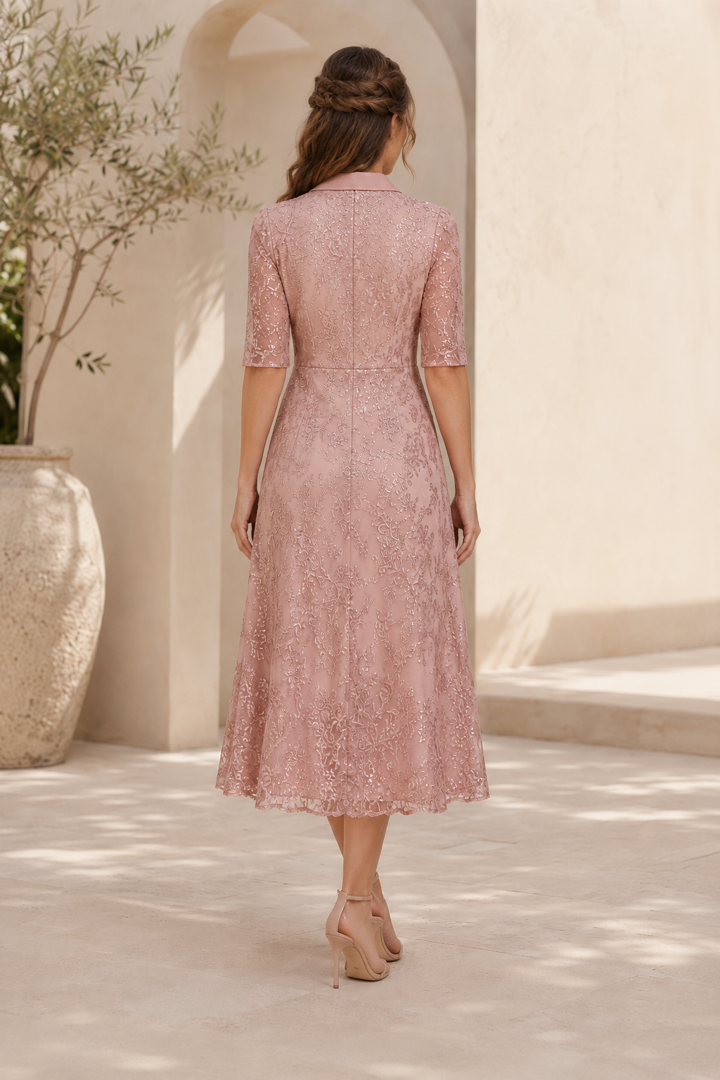 Midi-A-Linien-Kleid aus Spitze mit Kragen und Ellenbogenärmeln