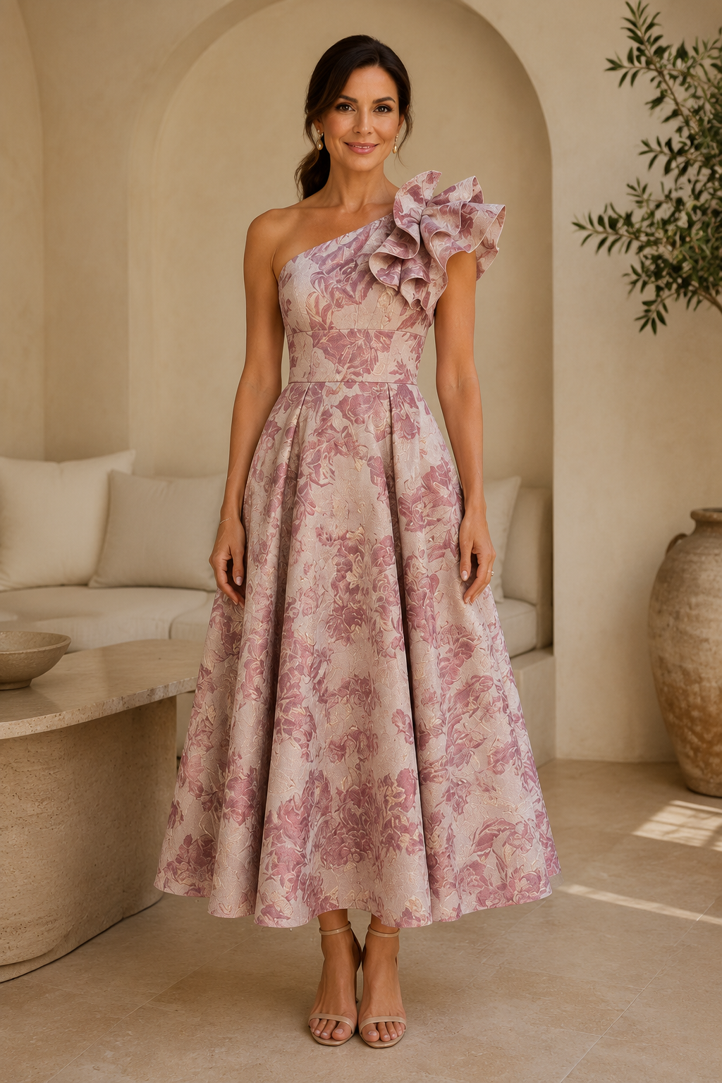 Ein-Schulter-Midikleid aus geblümtem Jacquard mit Rüschen