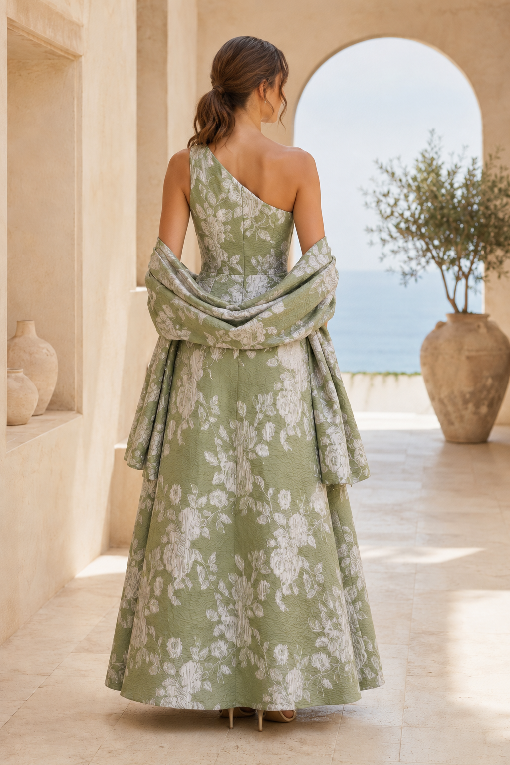 Ein-Schulter-A-Linien-Kleid aus geblümtem Jacquard mit passendem Schal