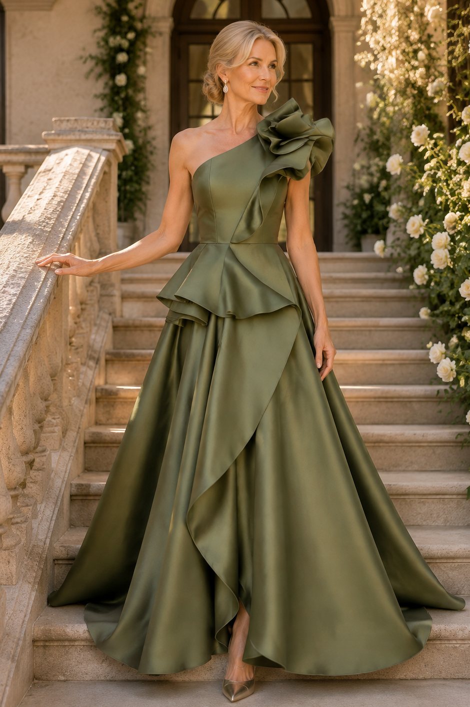 Einarmiges Peplum A-Linien Satin-Kleid
