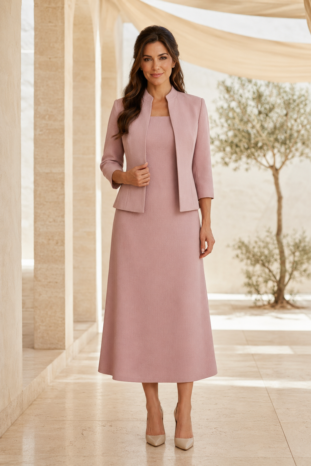 Zweiteiliges A-Linien-Midikleid mit 3/4-Arm-Jacke