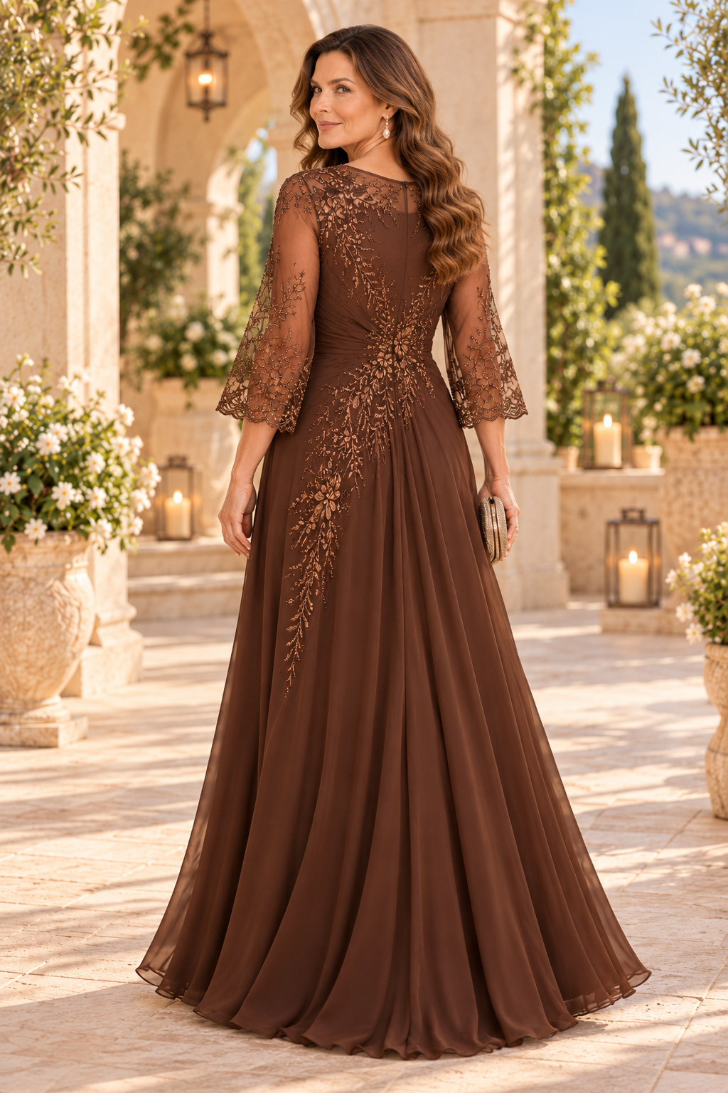 A-Line Chiffon Gown with 3/4 Sleeves and Beading