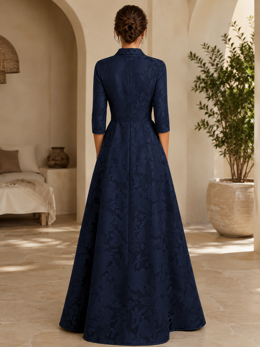 V-Ausschnitt A-Linien Kleid mit Kragen, 3/4 Ärmeln & Bindegürtel
