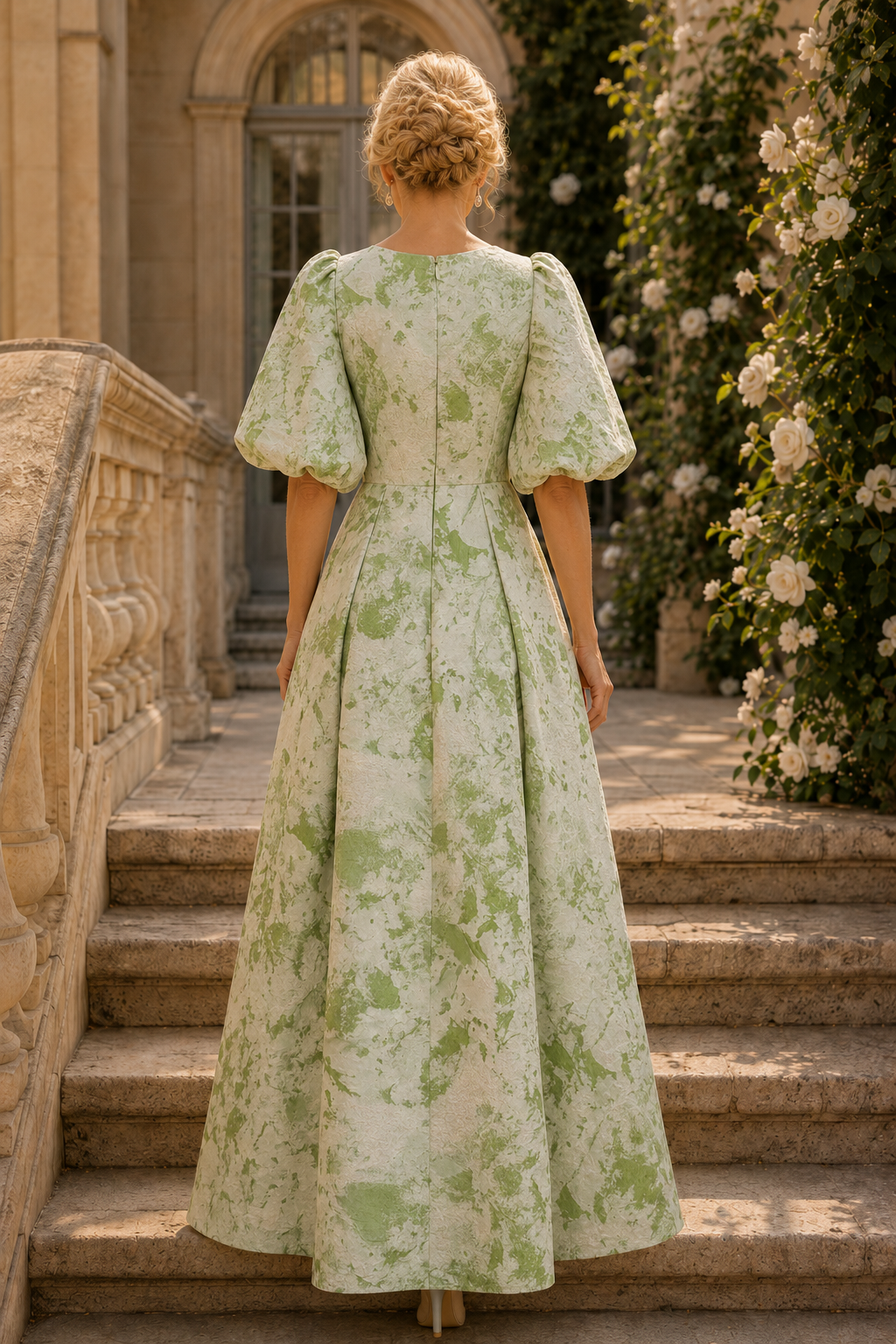 Maxikleid mit Puffärmeln und Falten im A-Linien-Schnitt