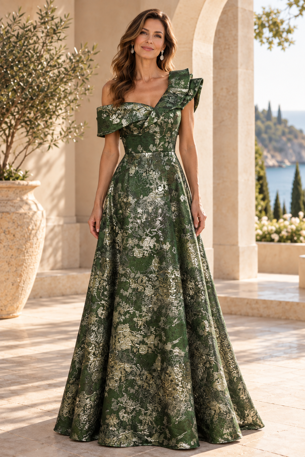 Metallic Jacquard Asymmetric A-Line Evening Gown