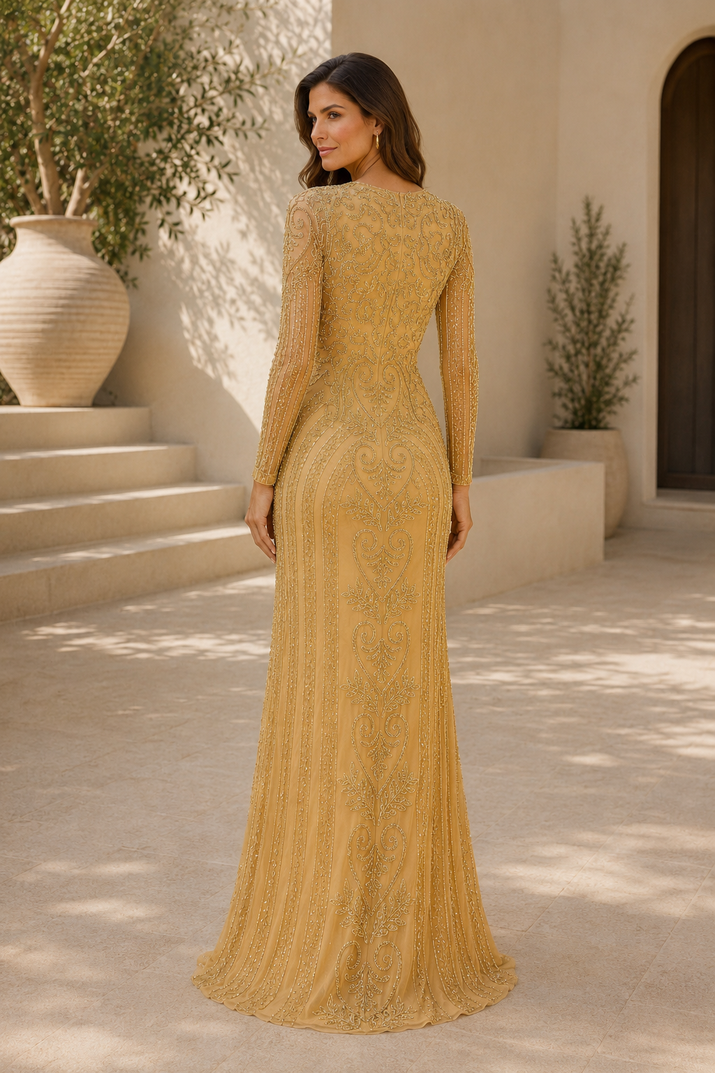 Perlenbesetztes Illusions-Abendkleid mit langen Ärmeln und Meerjungfrauen-Schnitt