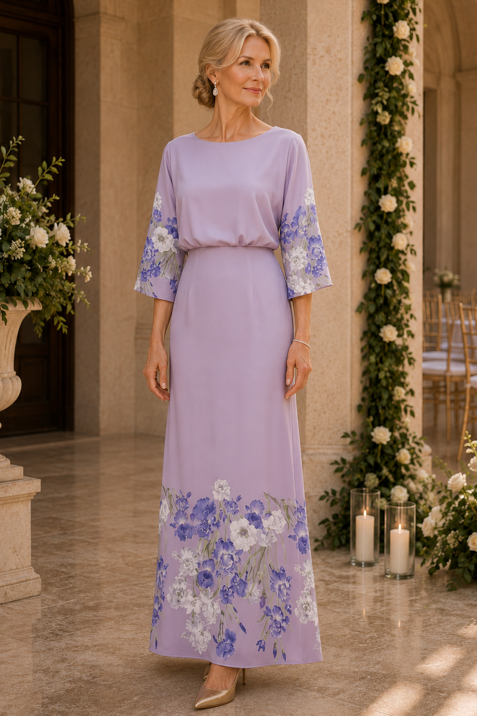 Maxikleid mit Blumenmuster am Saum und 3/4-Ärmeln