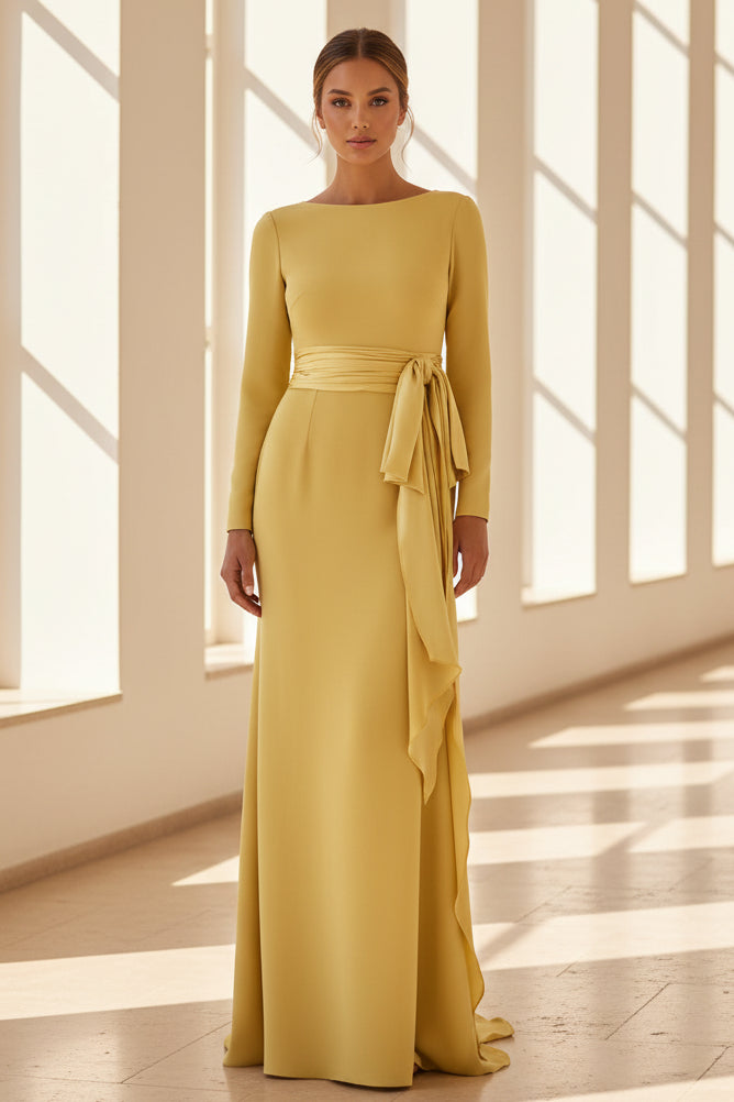 Elegantes langärmeliges Etui-Abendkleid mit seitlicher Schleife