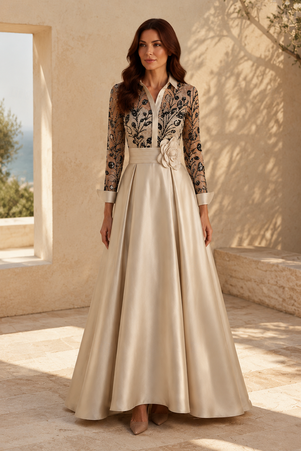 Perlenbesetztes A-Linien-Kleid mit Hemdkragen und 3D-Blumen an der Taille