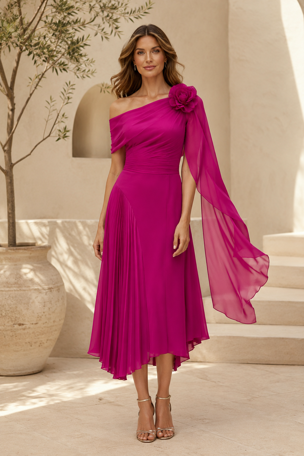 One-Shoulder Midi-Kleid mit Blumenmuster und Cape