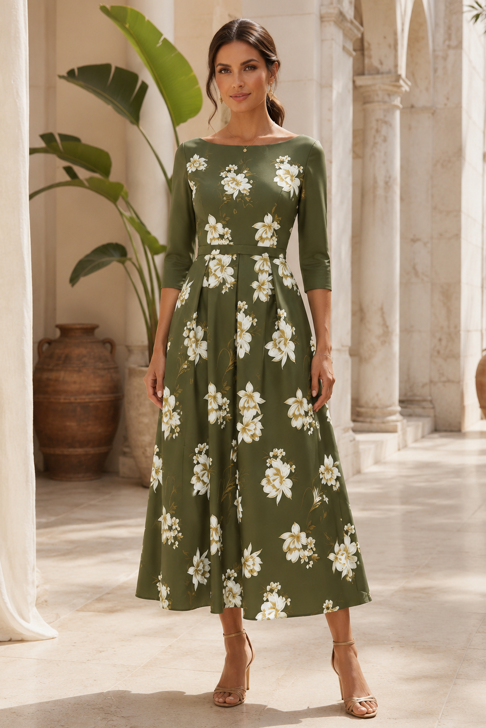 Blumen-Midi-Kleid mit U-Boot-Ausschnitt und A-Linie