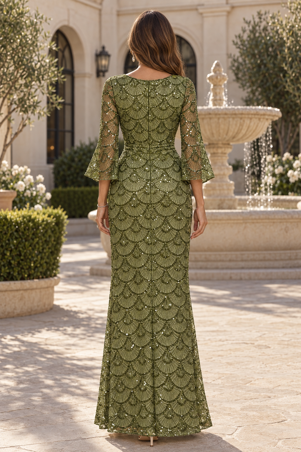 Sequin V-Neck Gown with Bell Sleeves