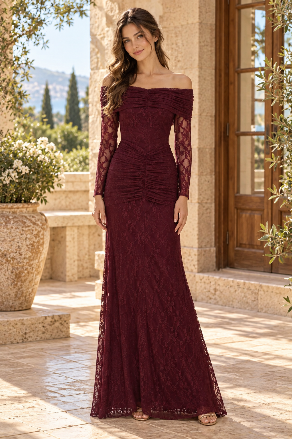 Off-the-Shoulder Ruched Lace Maxi Dress