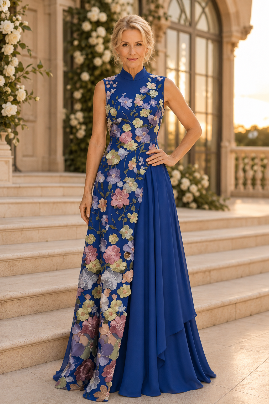 Abendkleid im A-Linien-Schnitt mit Blumenstickerei und hohem Kragen