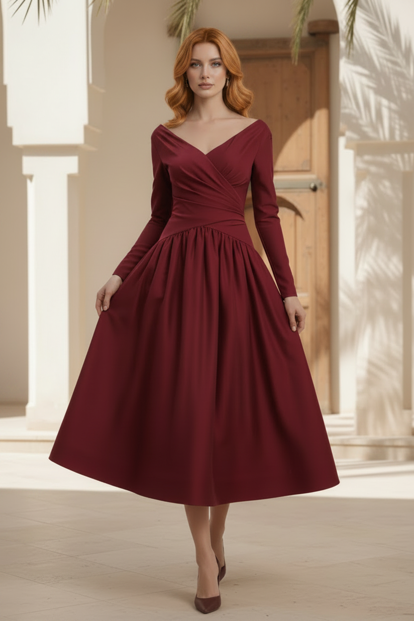 Carmenkleid aus Satin mit langen Ärmeln