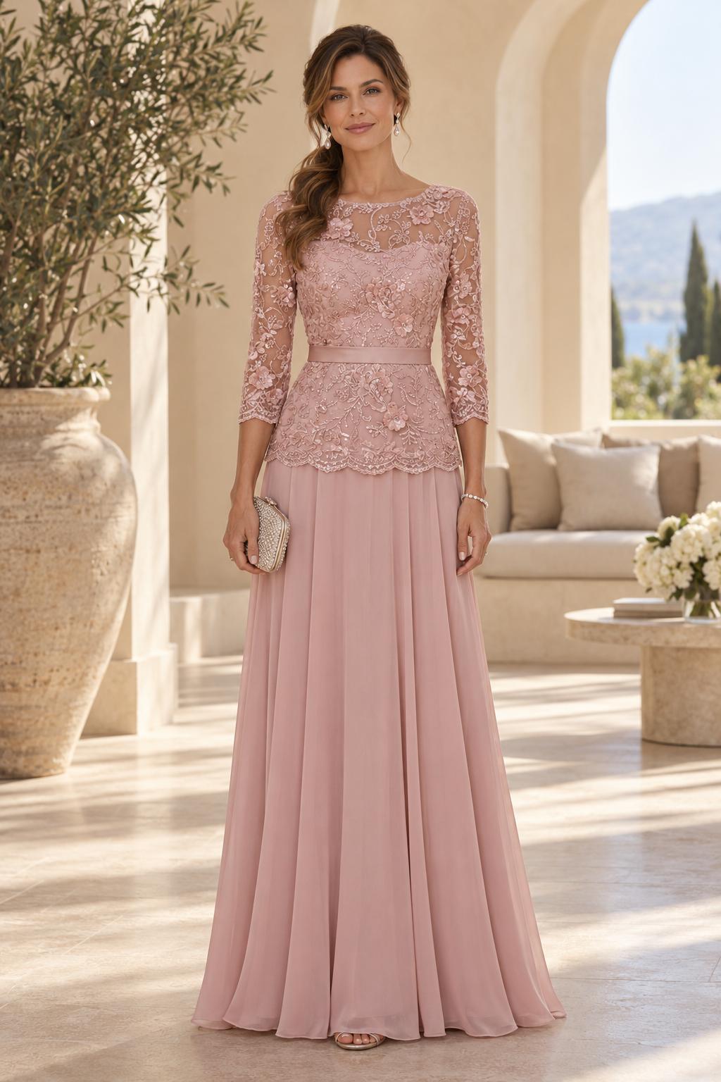 Lace Applique A-Line Gown with 3/4 Sleeves