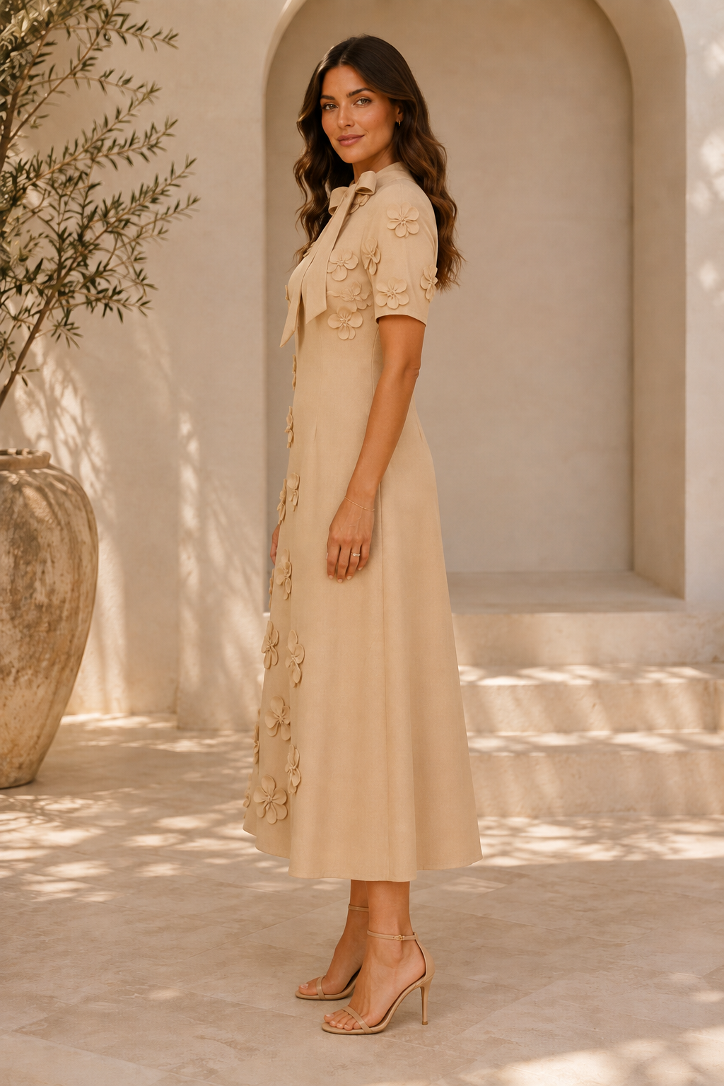 Midi-Kleid mit Bindekragen und floraler 3D-Applikation