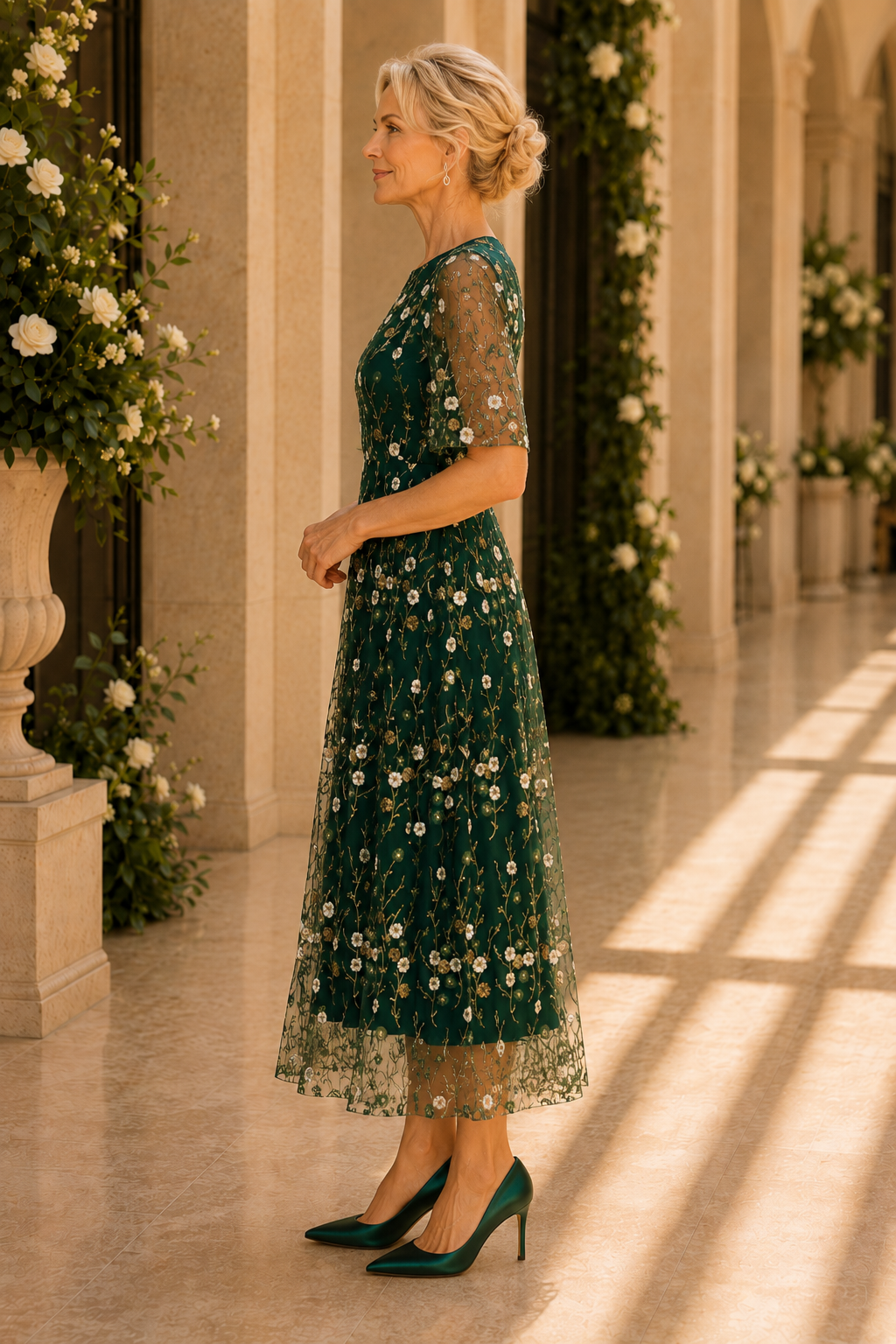 Geblümtes Midi-Kleid mit Flatterärmeln und Stickerei