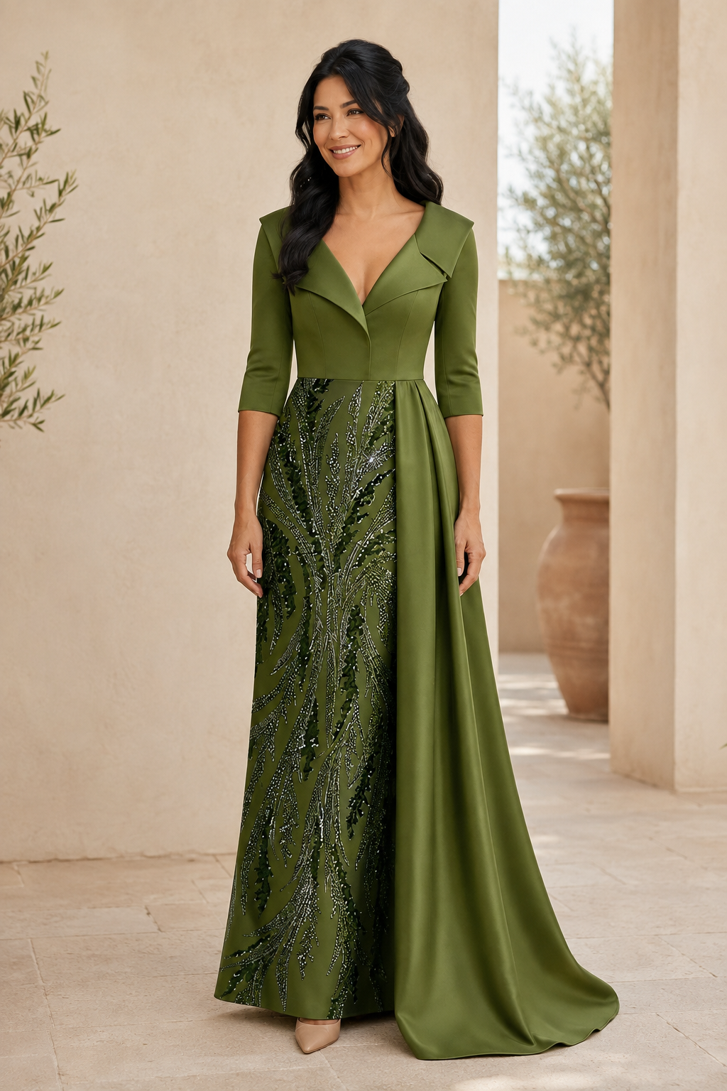 Pailletten-Satin-Abendkleid mit Faltkragen