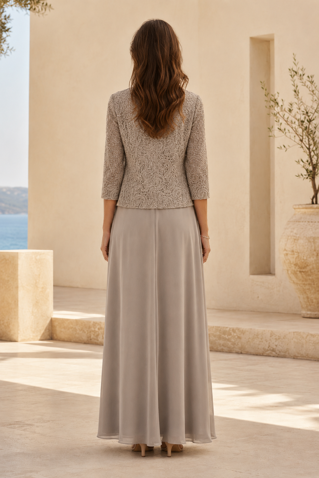 Spitzenjacke & Chiffon A-Linie Abendkleid