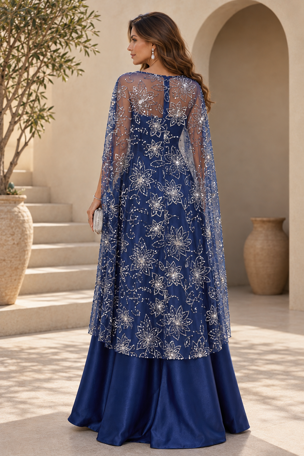 A-Line High-Low Gown with Floral Sequin Cape