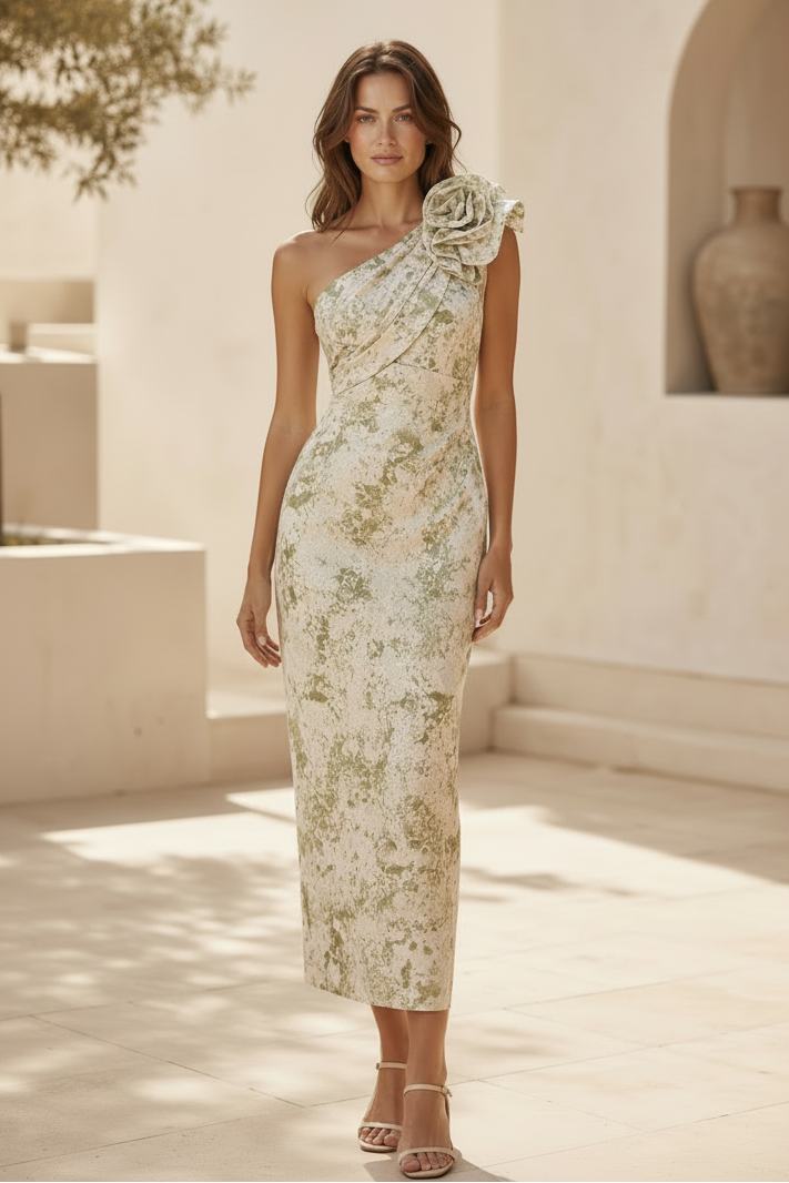 Ärmelloses Midikleid mit Blumenmuster und One-Shoulder-Träger