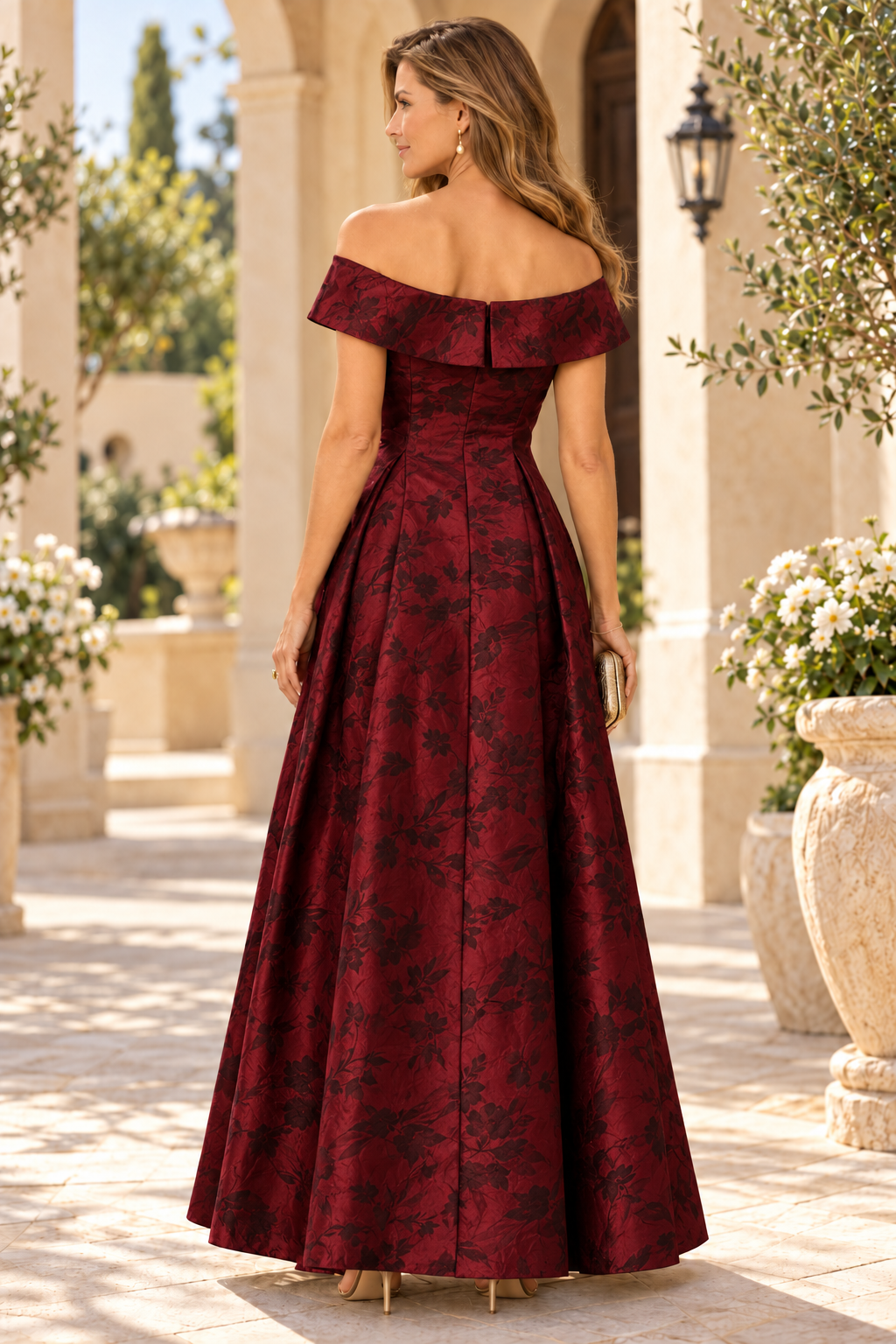 Off-the-Shoulder Jacquard A-Line Gown