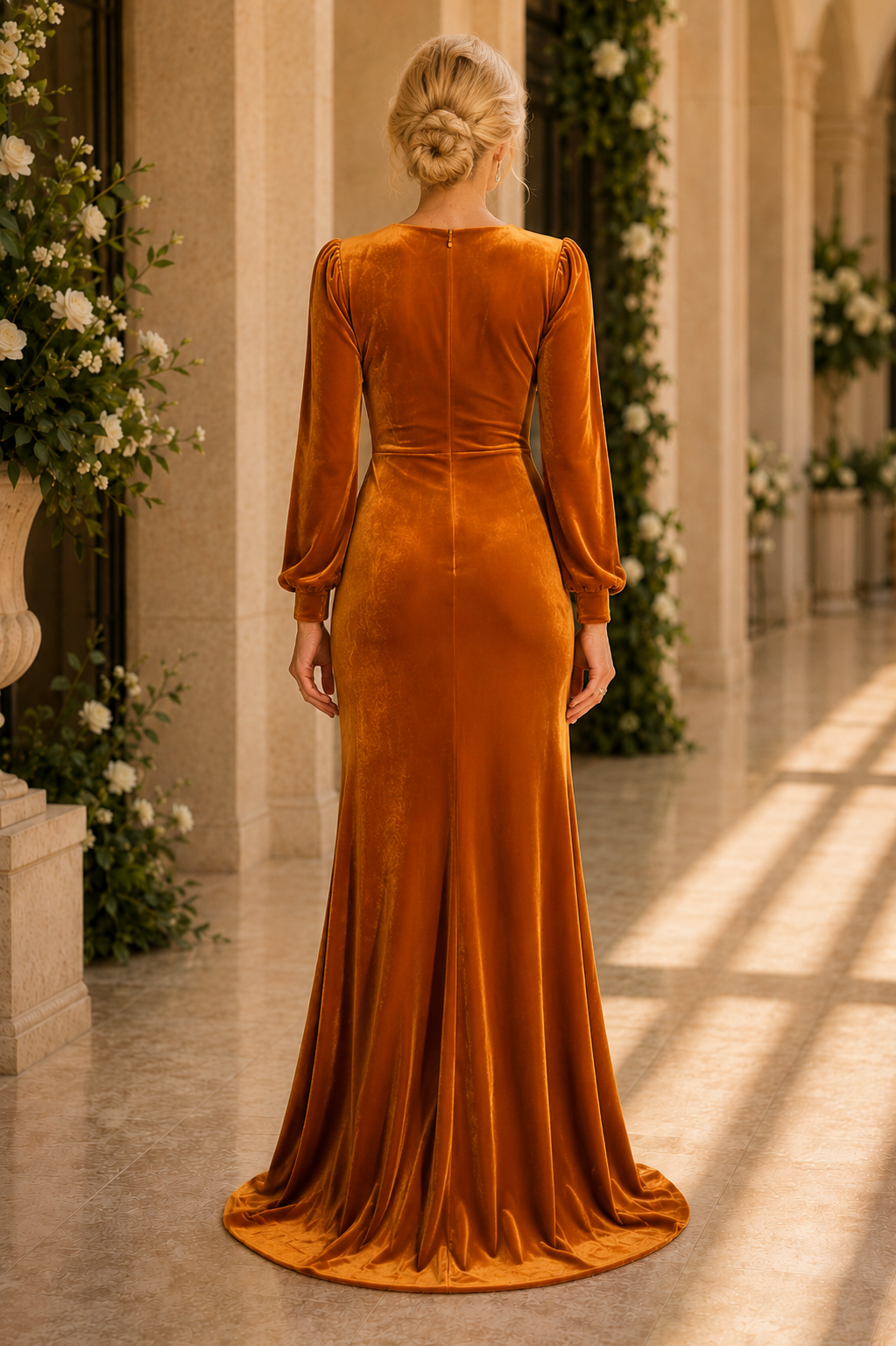 Samt-Wickelmaxikleid mit hochgeschlitzten Rüschen