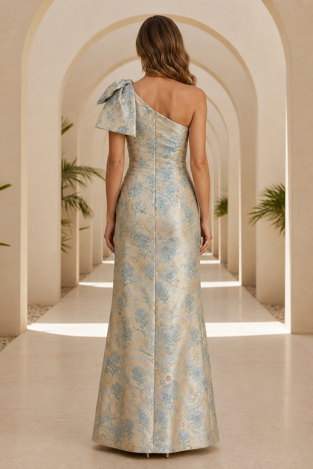 One Shoulder Blumen-Jacquard-Kleid mit Schleifendetail