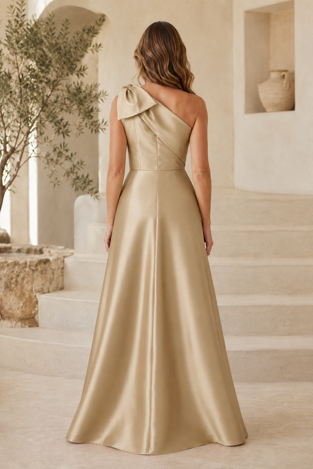 Ein-Schulter-A-Linien-Satin-Kleid mit Schleife