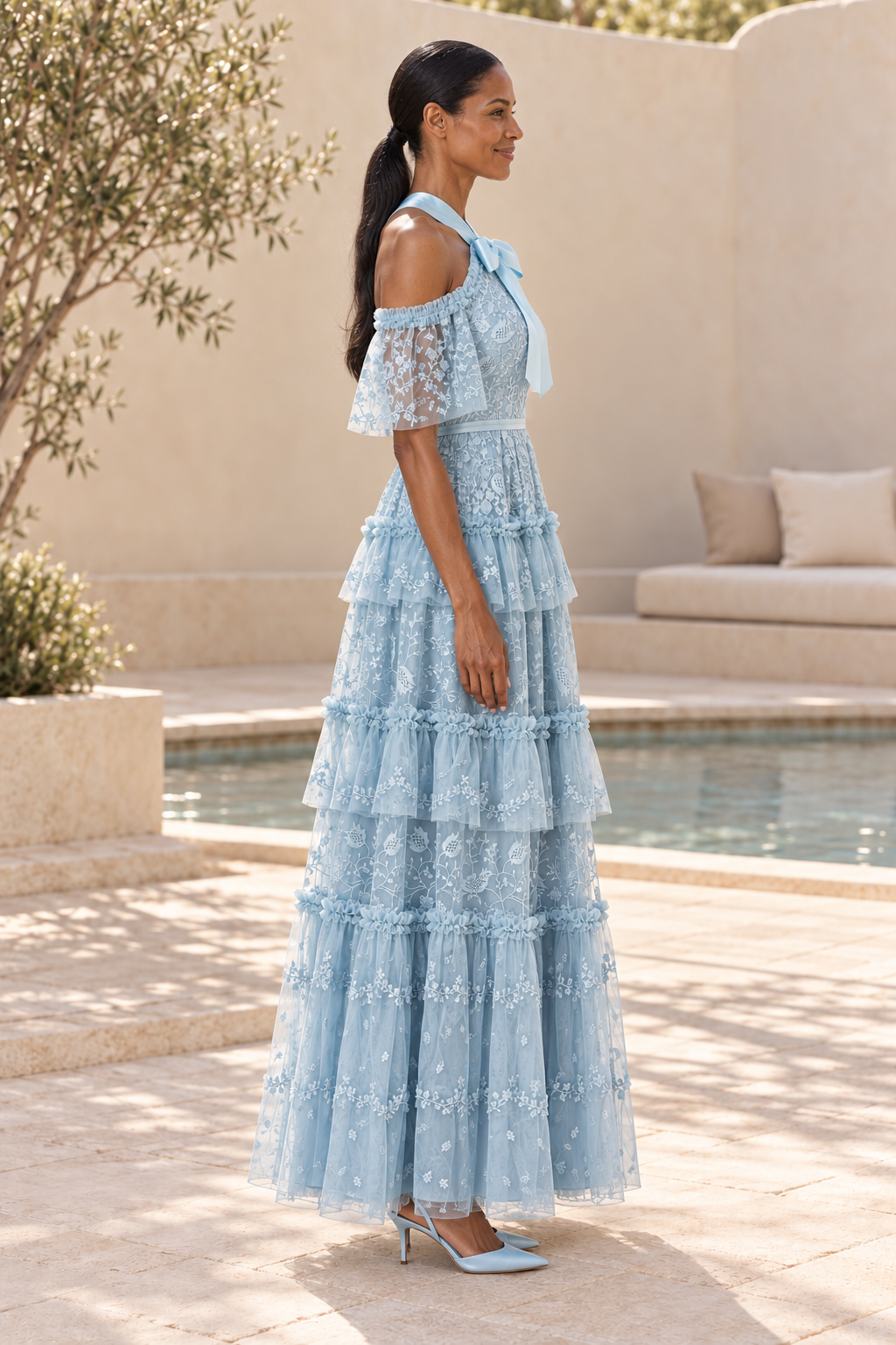Tiered Floral Embroidered Halter Maxi Dress