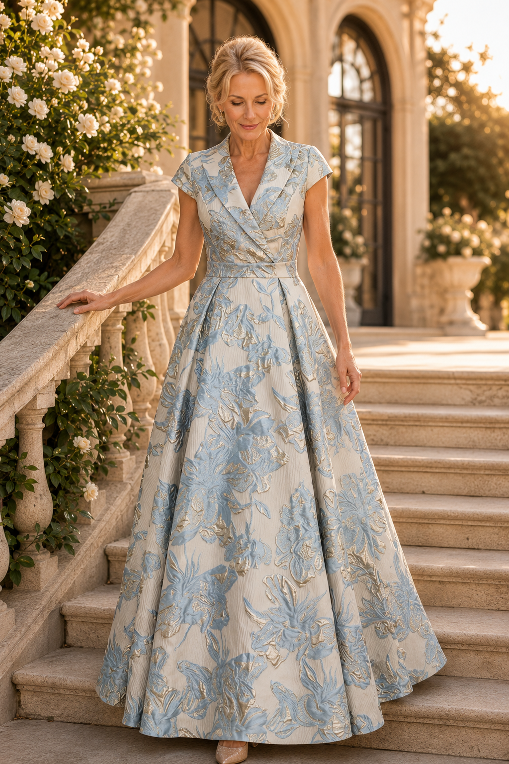 Geblümtes Jacquard-Kleid mit Kappärmeln und A-Linie
