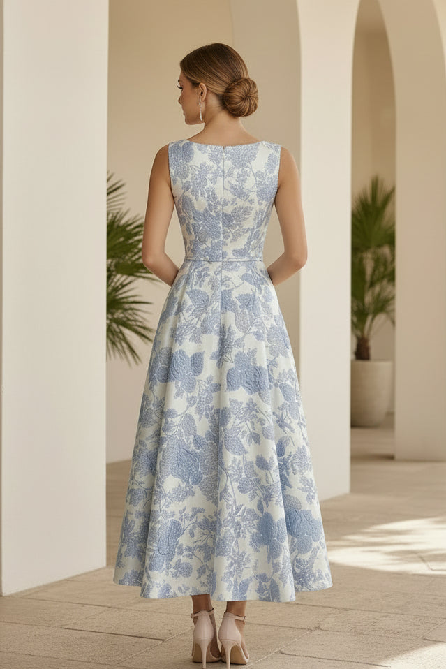 Blumen-Jacquard A-Linien-Kleid in Teelänge