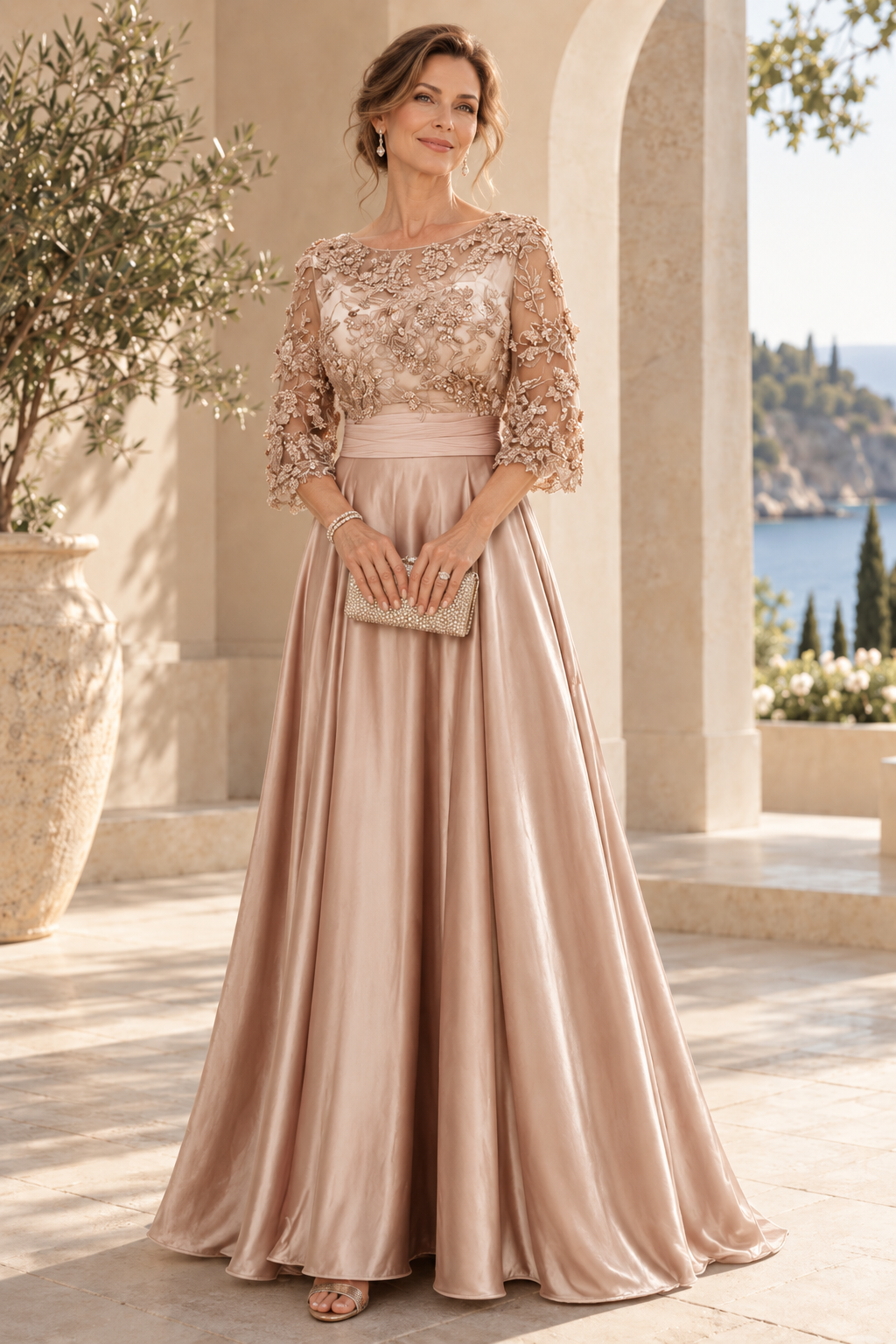 Floral Applique A-Line Gown with 3/4 Sleeves