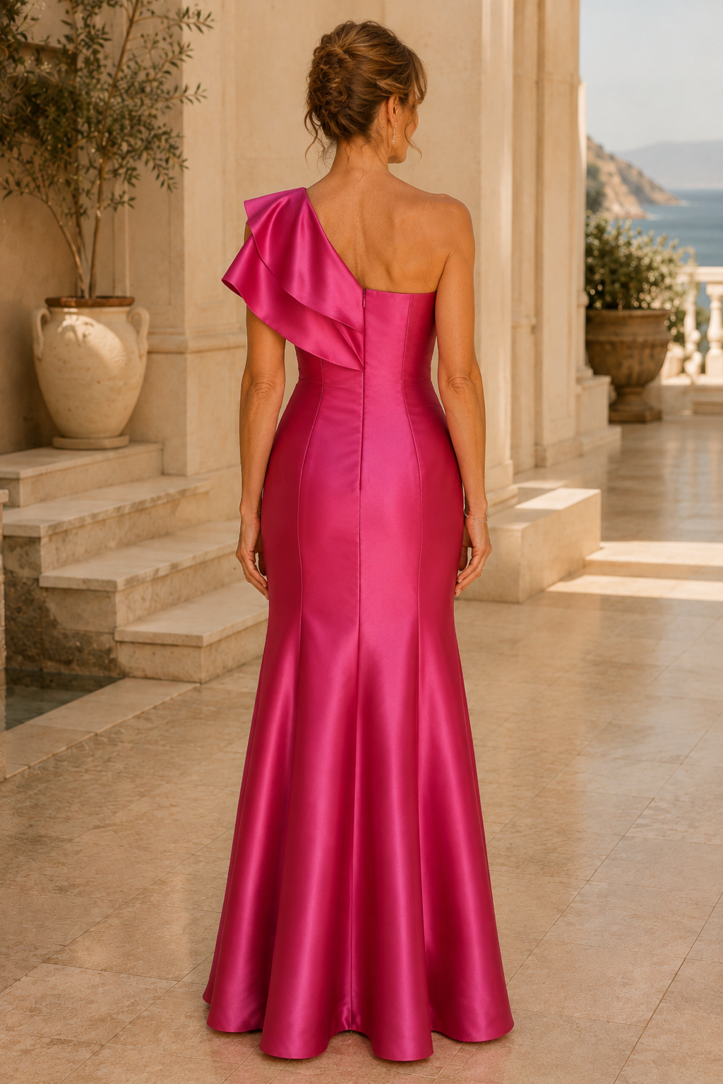 Ein-Schulter-Abendkleid aus Satin mit Rüschen und Meerjungfrauen-Schnitt