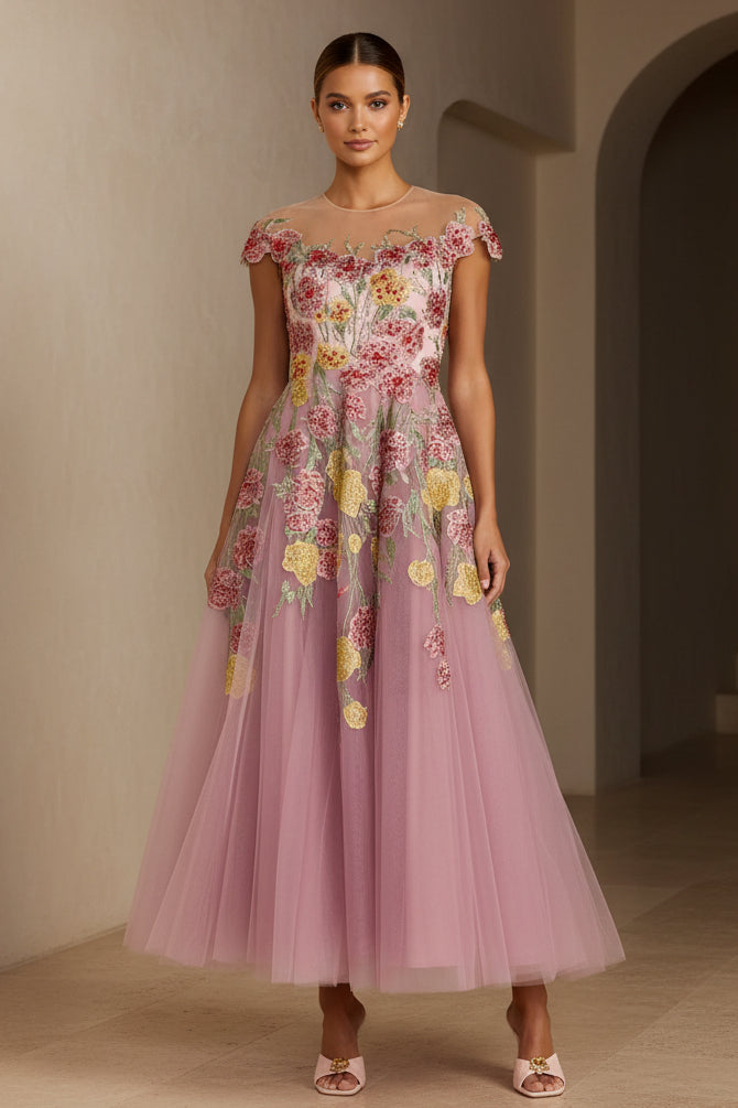 Florales besticktes A-Linien-Tüll-Midikleid