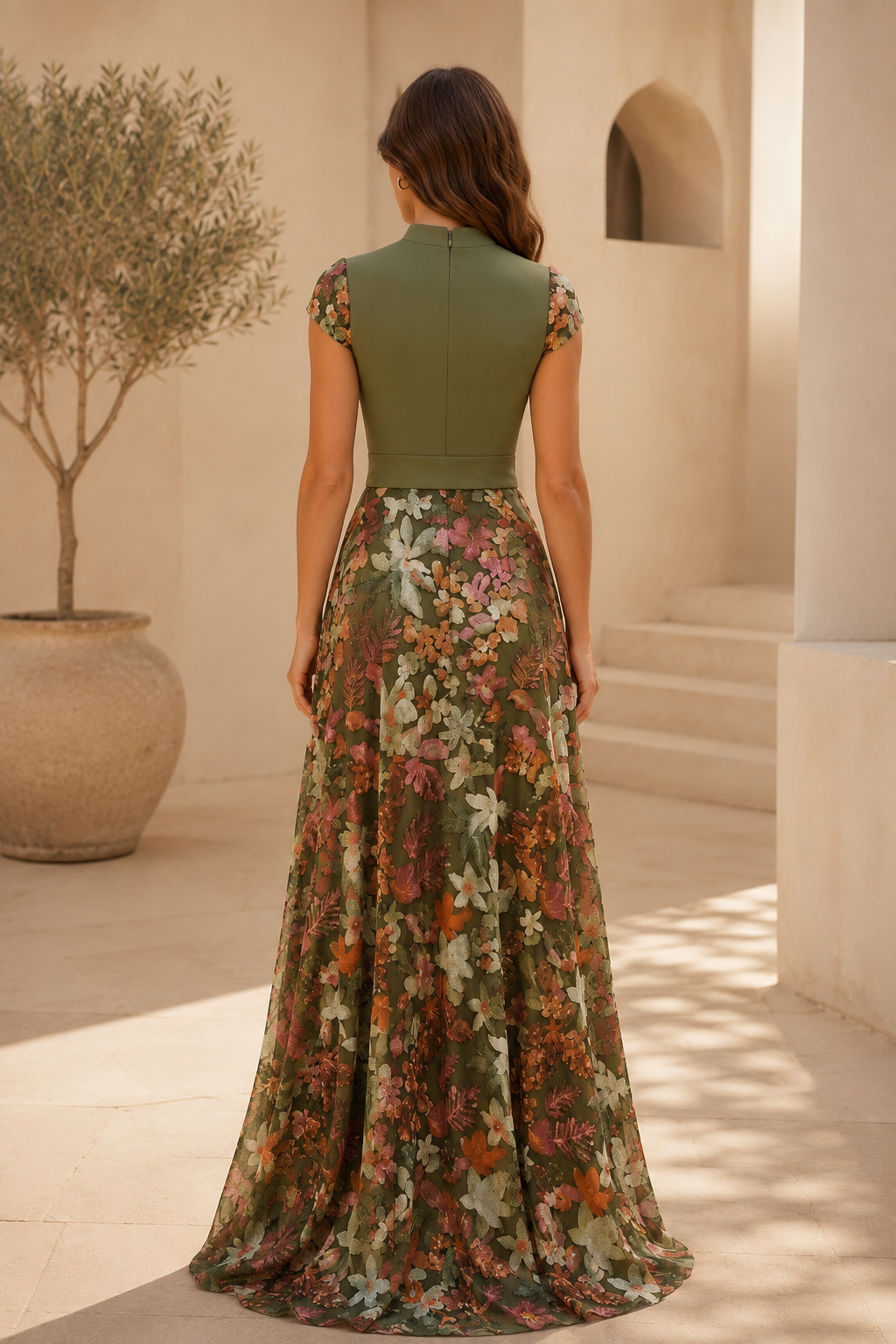 Geblümtes, besticktes A-Linien-Maxikleid mit Bindegürtel