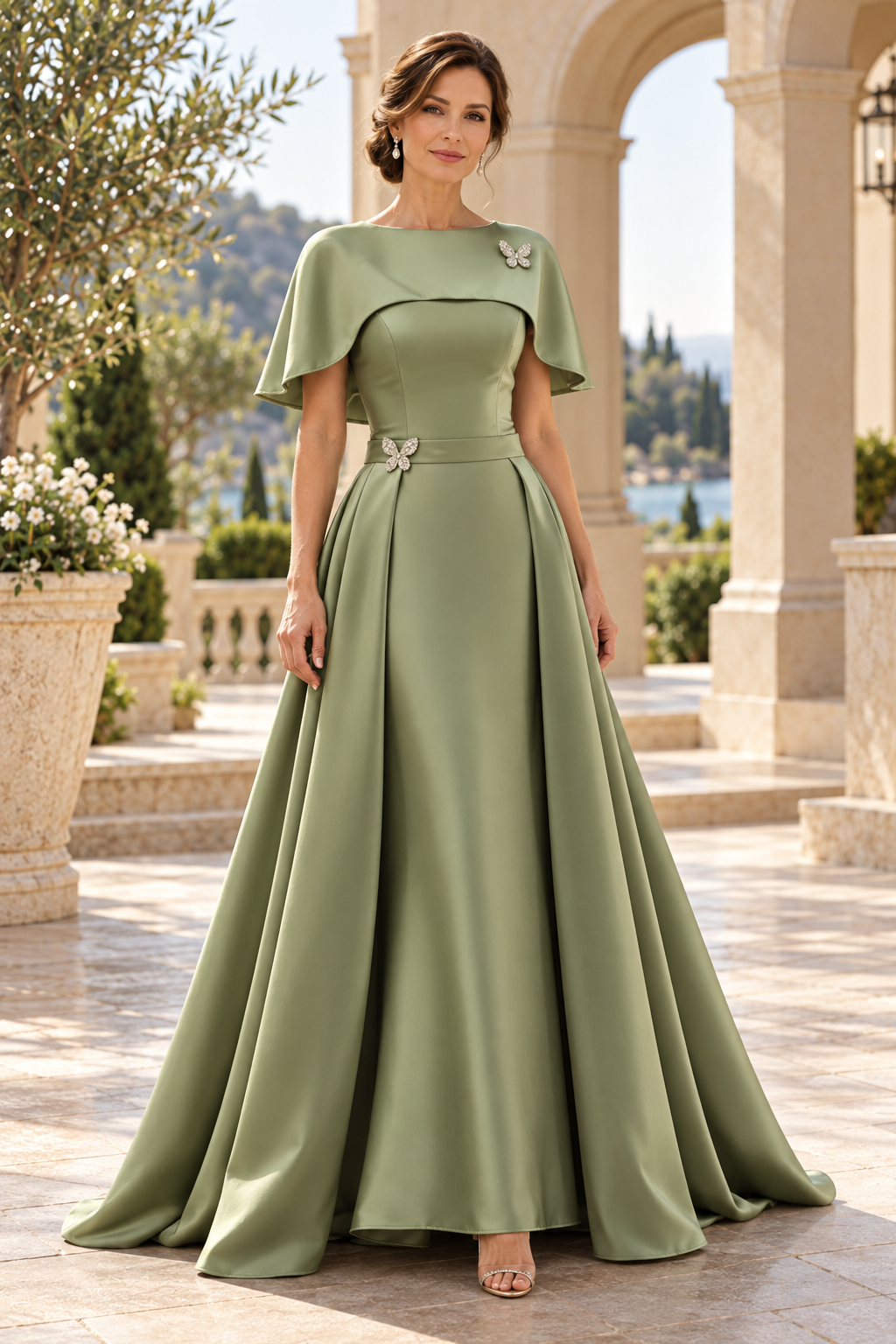 A-Line Satin Evening Gown with Capelet