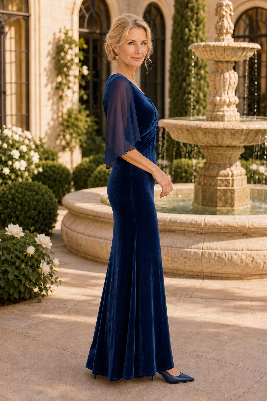 Samtkleid mit geraffter Vorderseite und flatternden Ärmeln