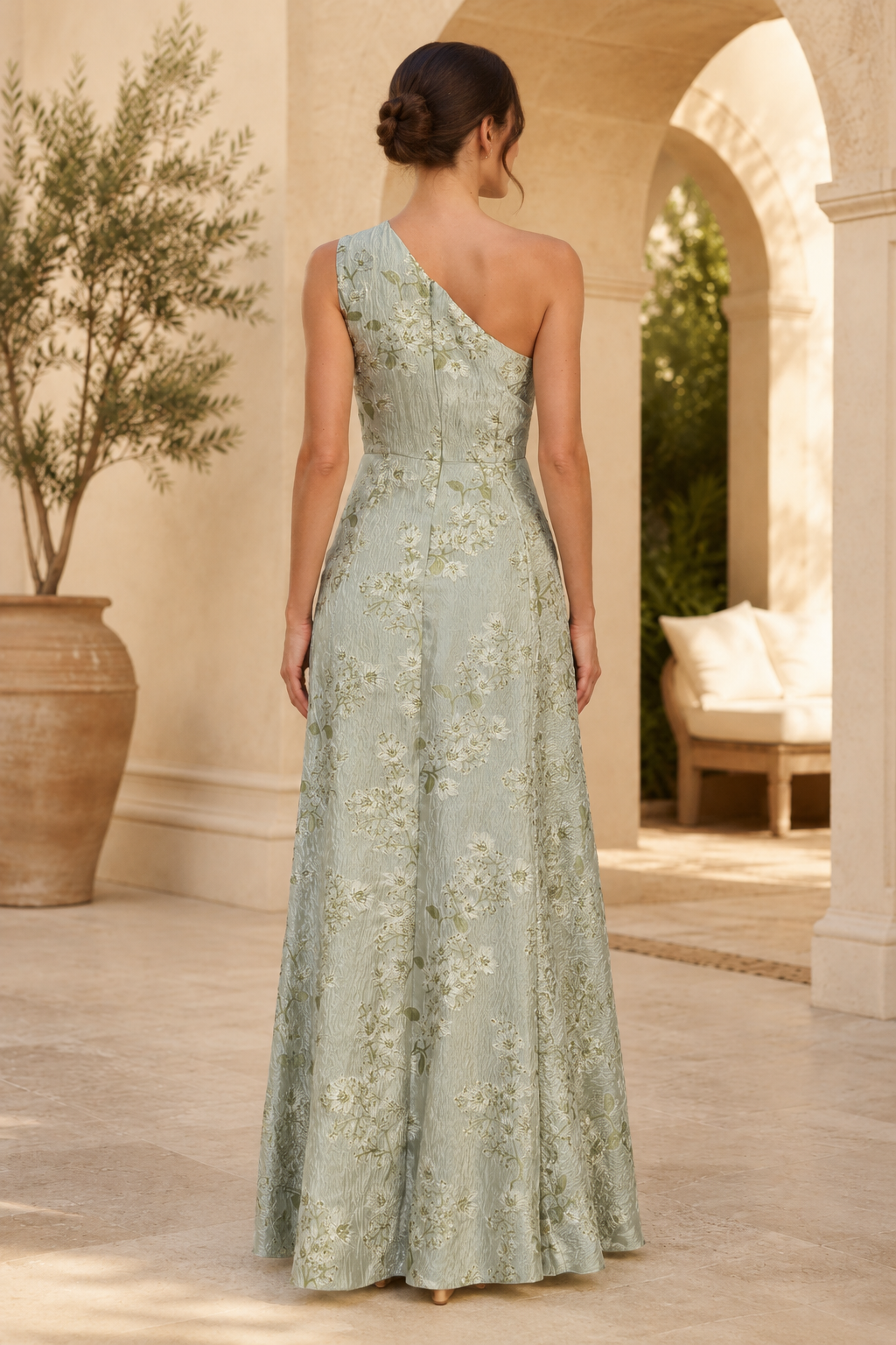 Ärmelloses Abendkleid mit Blumen-Jacquard und A-Linie