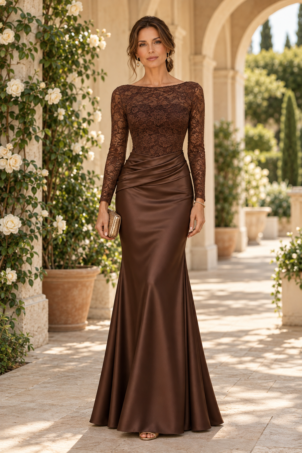 Lace Long Sleeve Satin Mermaid Evening Gown