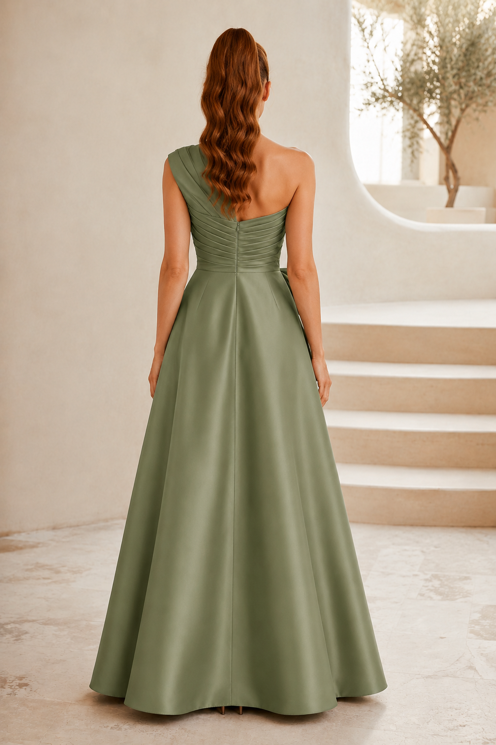 One-Shoulder Plisseekleid mit Paillettenrock & Schleife