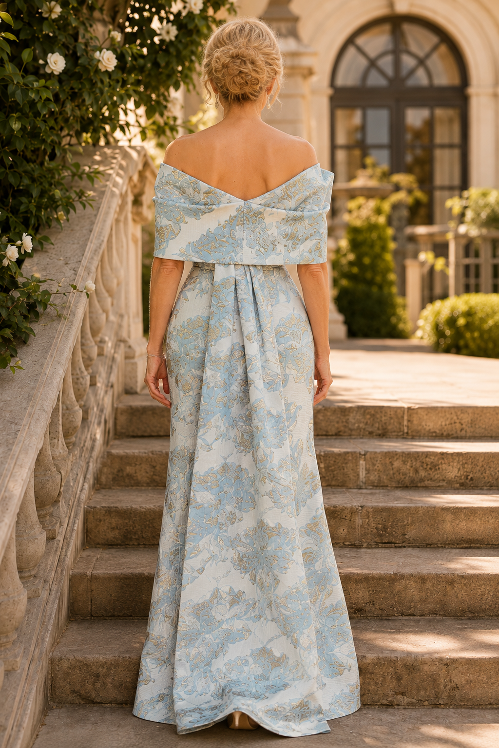 Ärmelloses Brokatkleid mit drapiertem Cape